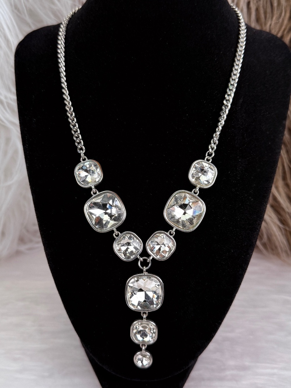 Vintage Silver Tone Statement Necklace Clear Faceted Bezel Set Drop
